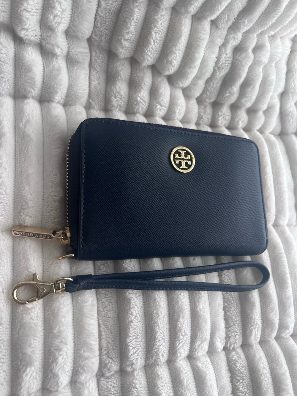 Tory Burch Navy Zip Wristlet with Gold Logo
